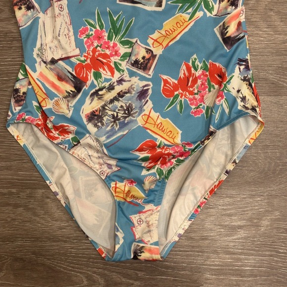 VTG 90s Hawaii Postcard Print One Piece Swimsuit Blue Tropical Floral Small - Picture 5 of 12